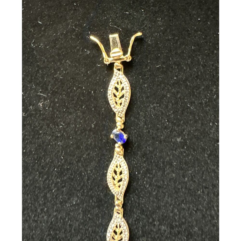 SIGNED DL Gold Plated Sterling 925 Filigree Sapphire Blue Crystals 7.5” Bracelet - Picture 8 of 12